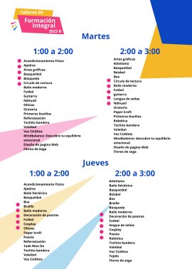 Horarios de Talleres de formación integral