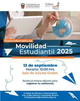 Charla de Movilidad estudiantil 2025, 12 de septiembre a las 12 horas en Sala de Juicios Orales. 