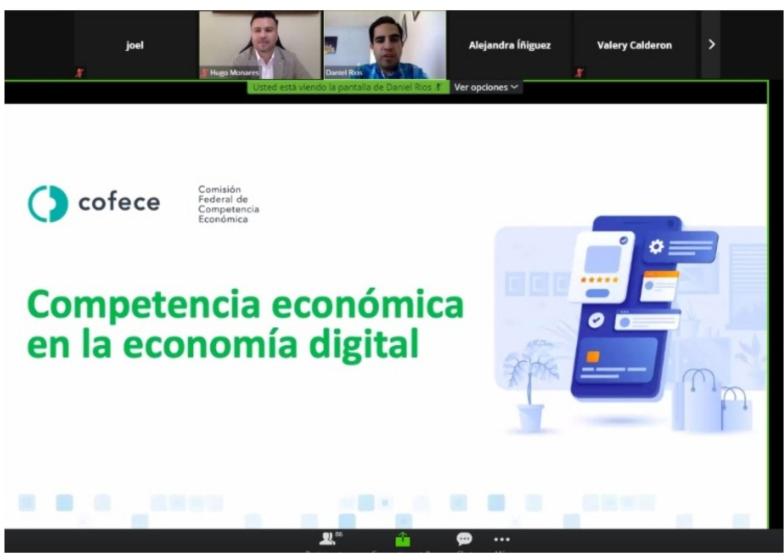 Captura de una videollamada en la que se lee "Competencia económica en la economía digital".