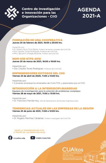 Cartel en el que se lee "Centro de Investigación e Innovación para las Organizaciones - CIIO". Debajo la Agenda 2021-A del CIIO.