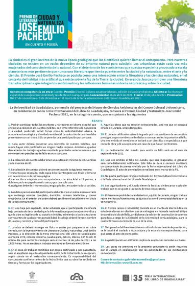 Cartel en el que se lee "PREMIO DE LITERATURA CIUDAD Y NATURALEZA JOSÉ EMILIO PACHECHO EN CUENTO Y POESÍA". Debajo las bases para participar.