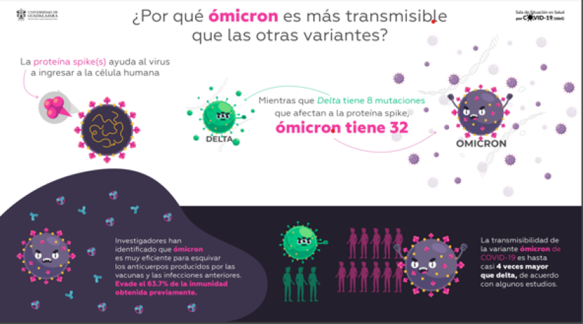 Cartel en el que se lee "¿Por qué ómicron es más transmisible que las otras variantes?"