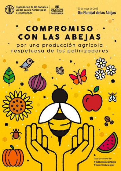 Cartel informativo en el que se lee "COMPROMISO CO LAS ABEJAS" "por una producción agrícola respetuosa de los polinizadores".