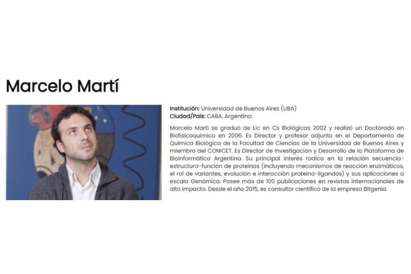Cartel en el que se lee la trayectoria de Marcelo Martí.
