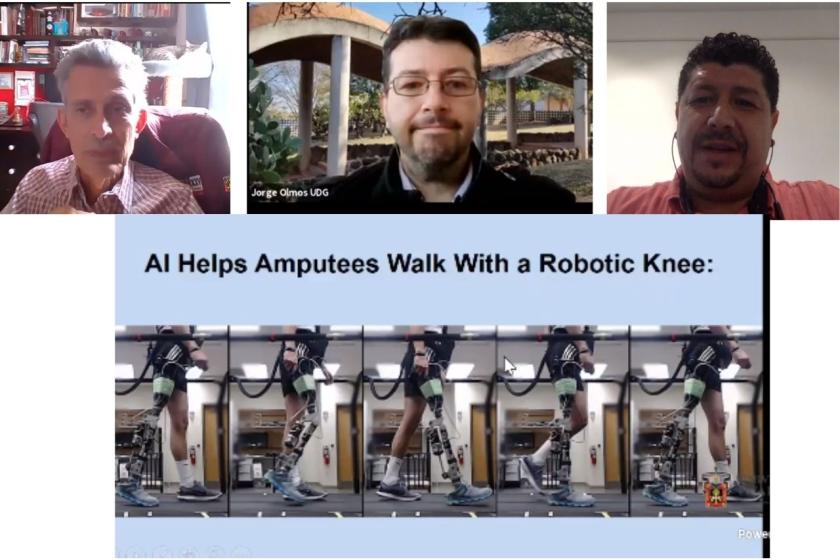 Captura de pantalla de una videollamada en la que se lee "AI Helps Amputees Walk With a Robotic Knee:".