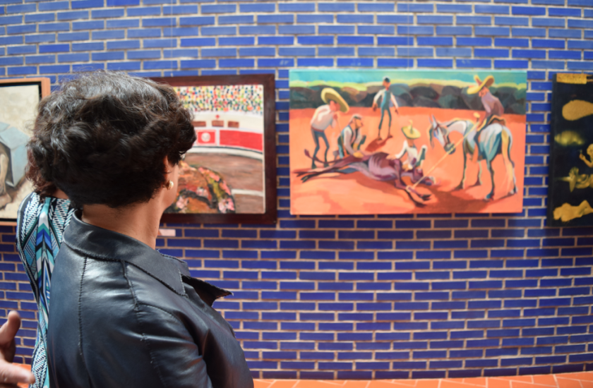 Persona observando la exposición de las Rutas Plásticas Jalisco.