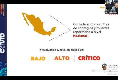 Captura de pantalla en la que se ve un mapa de México de color amarillo y se lee "Considerando las cifras de contagios y muertes reportadas a nivel Navional". En la parte inferior se lee "Y evaluando tu nivel de riesgo en:" "BAJO" en color amarillo, "ALTO" en color naranja, y "CRÍTICO" en color rojo.