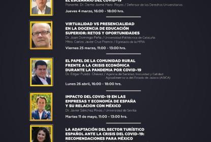 Cartel en el que se lee "5.to Ciclo de Conferencias LAS CIENCIAS SOCIALES Y ECONÓMICO ADMINISTRATIVAS ANTE LOS RETOS MUNDALES PROVOCADOS POR EL FENÓMENO DEL COVID-19". Debajo el Programa general de actividades.