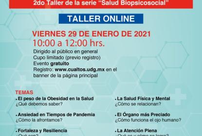 Cartel en el que se lee "LA SALUD Y LA ENFERMEDAD ¿Cómo funcionamos? 2do Taller de la serie "Salud Biopsicosocial".