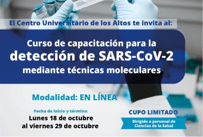 Cartel en el que se lee "El Centro Universitario de los Altos te invita al: Curso de capacitación para la detección de SARS-CoV-2 mediante técnicas moleculares".