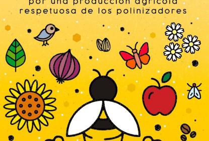 Cartel informativo en el que se lee "COMPROMISO CO LAS ABEJAS" "por una producción agrícola respetuosa de los polinizadores".