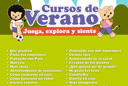 Cartel en el que se lee "Cursos de Verano" "Juega, explora y siente".