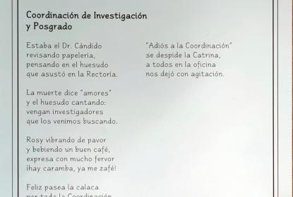 Cartel en el que se lee una calaverita titulada "Coordinación de Investigación y Posgrado".