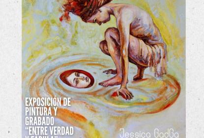 Cartel en el que se lee "EXPOSICIÓN DE PINTURA Y GRABADO "ENTRE LA VERDAD Y LA FÁBULA""