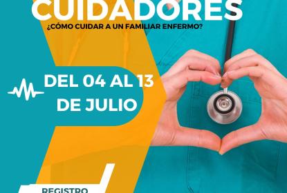 Cartel en el que se lee "TALLER PARA CUIDADORES ¿CÓMO CUIDAR A UN FAMILIAR ENFERMO?".