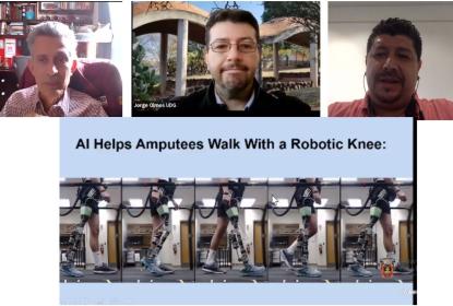 Captura de pantalla de una videollamada en la que se lee "AI Helps Amputees Walk With a Robotic Knee:".