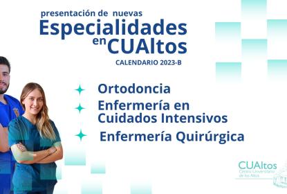 Cartel informaivo en el que se lee "presentación de nuevas Especialidades en CUAltos".
